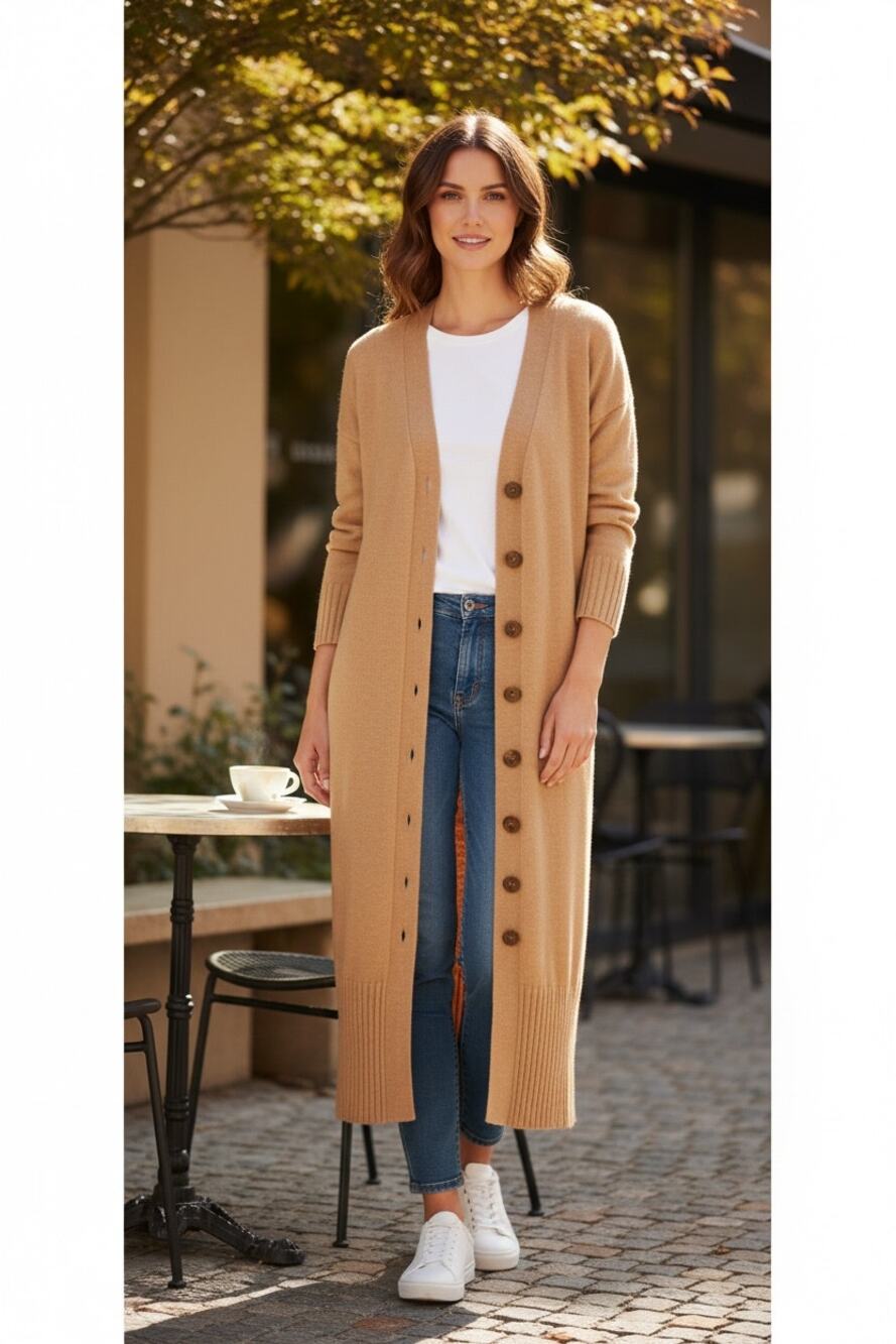 Vince Camuto Long Cardigan Camel Tan Button Front Ribbed Trim Cozy Knit XXS NWT